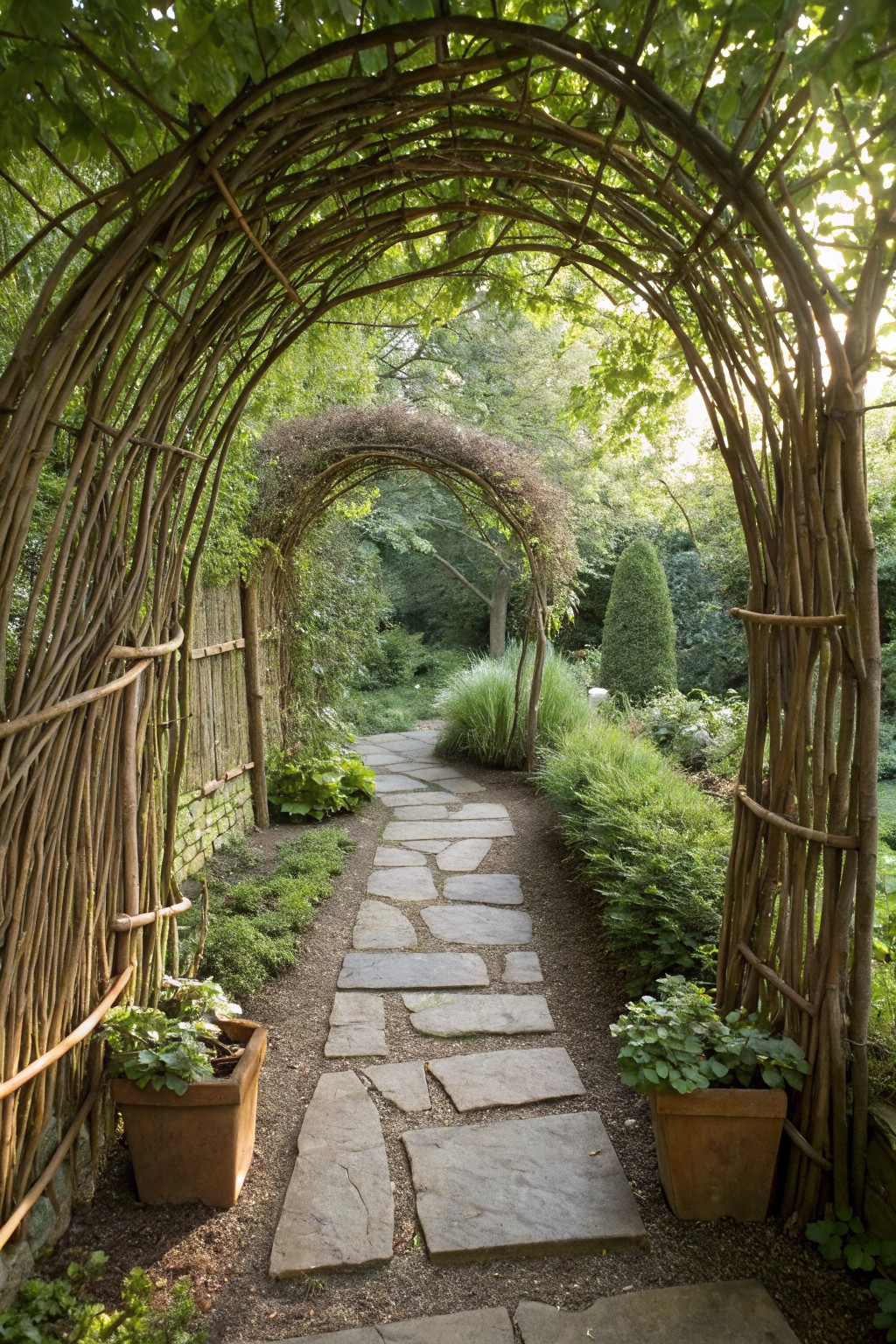 Woven branch archway spanning a stone slab garden path bordered by plants, shrubs, and potted greenery in a lush backyard setting.