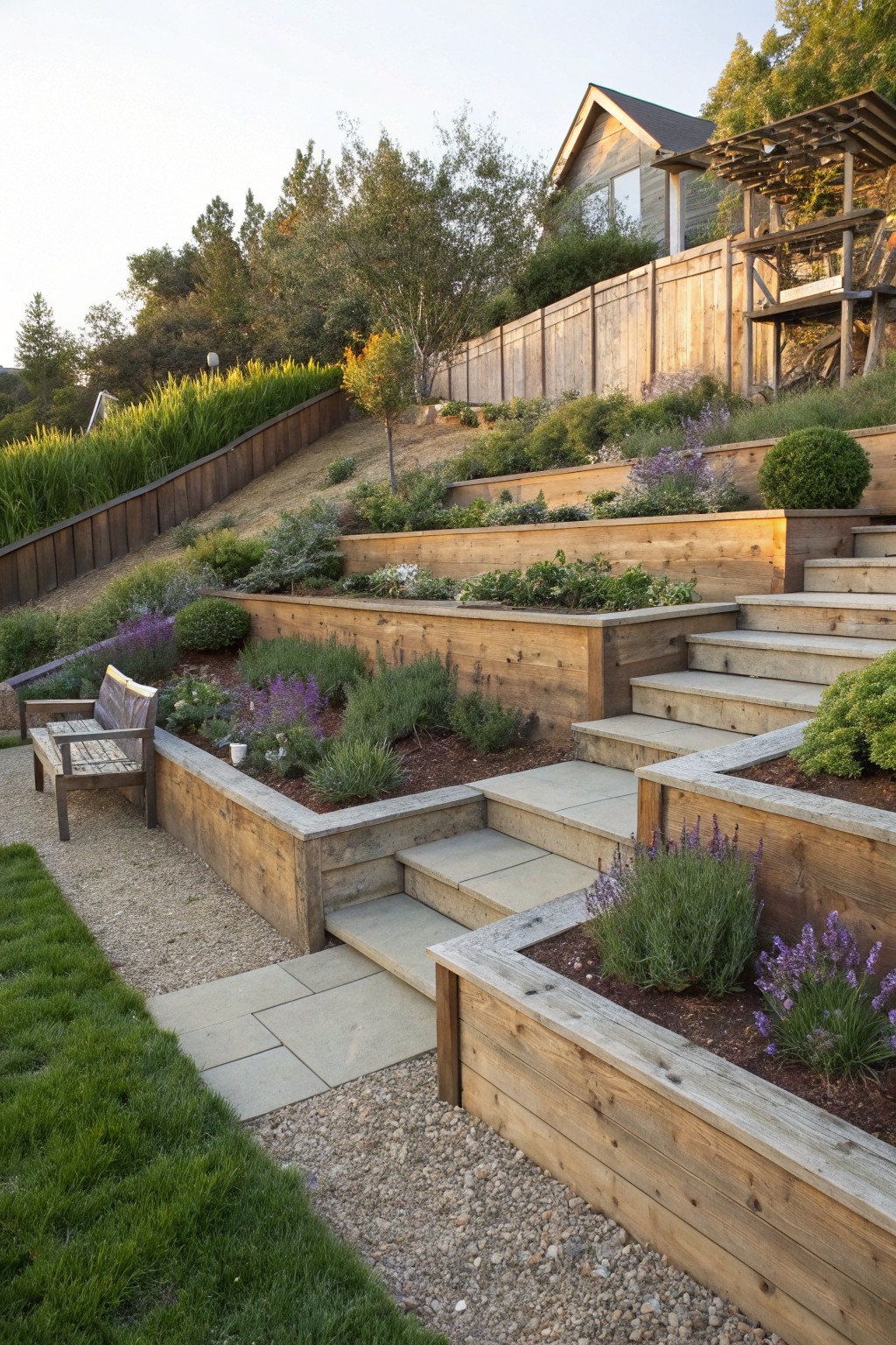 Sloped backyard with multiple levels of wooden terraced planters filled with lavender, grasses, and other plants, stone steps connecting the tiers, a wooden bench beside one bed, gravel path, and grass alongside.