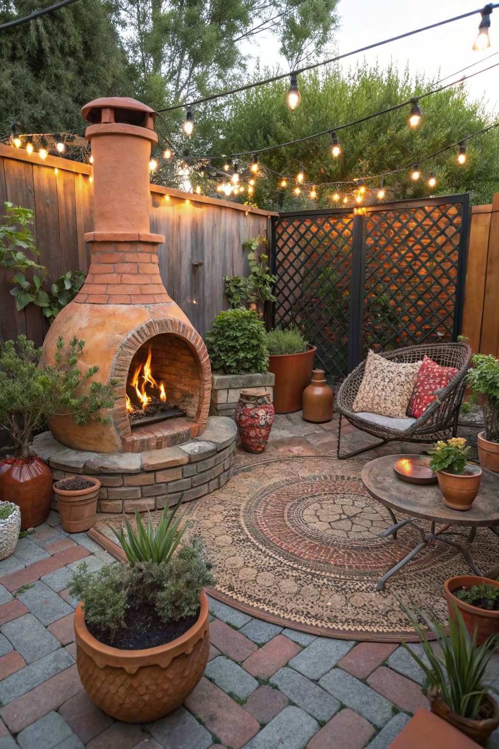 Backyard patio with a large terracotta chiminea fire pit burning brightly on a stone base, surrounded by potted plants, wicker armchairs, a round patterned rug, low table, string lights, and wooden fencing.