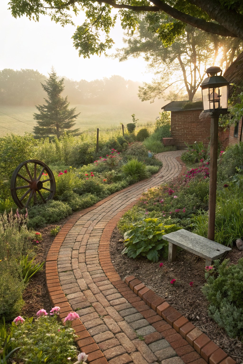 A curved red brick pathway winds through dense garden beds with pink flowers, green shrubs, and hostas, passing a wooden wagon wheel, stone bench, and metal lantern post near a small brick outbuilding in a misty field.
