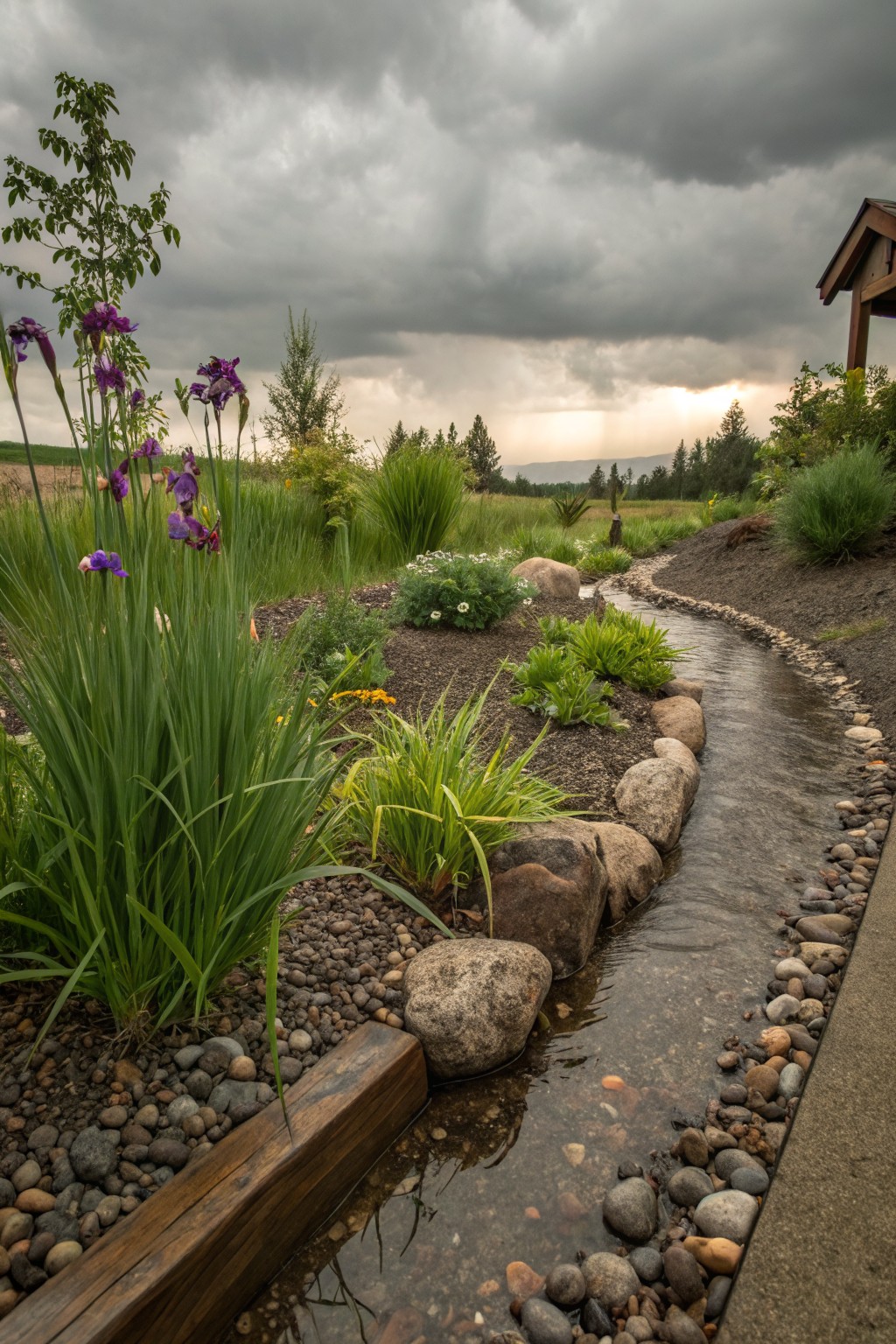 A backyard garden with a curving shallow stream lined by pebbles, larger rocks, and boulders, bordered by green grasses, purple irises, yellow flowers, and other plants under a cloudy sky with a wooden roof edge visible.
