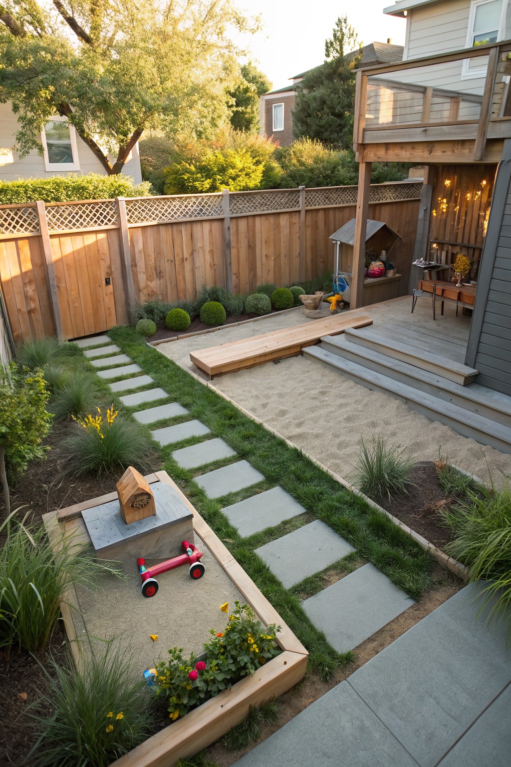 Overhead view of a backyard with a wooden-framed sandbox containing sand and a red toy car, surrounded by flowers and grass, stepping stone paths leading to a larger gravel area with wooden benches, plants, a deck, and wooden fence.