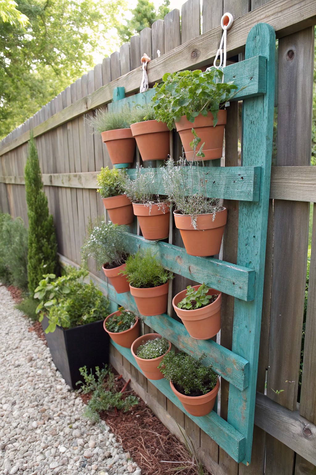 A turquoise-painted wooden pallet ladder mounted vertically on a wooden backyard fence holds multiple terracotta pots planted with herbs including basil, lavender, and thyme, with gravel path and shrubs nearby.