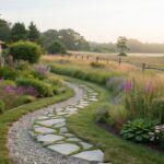 A wooden bench next to a curving flagstone path through a garden bed of grasses, shrubs, and flowers, edged with rocks and gravel beside a wooden fence, with fields and mountains in the background at sunset.