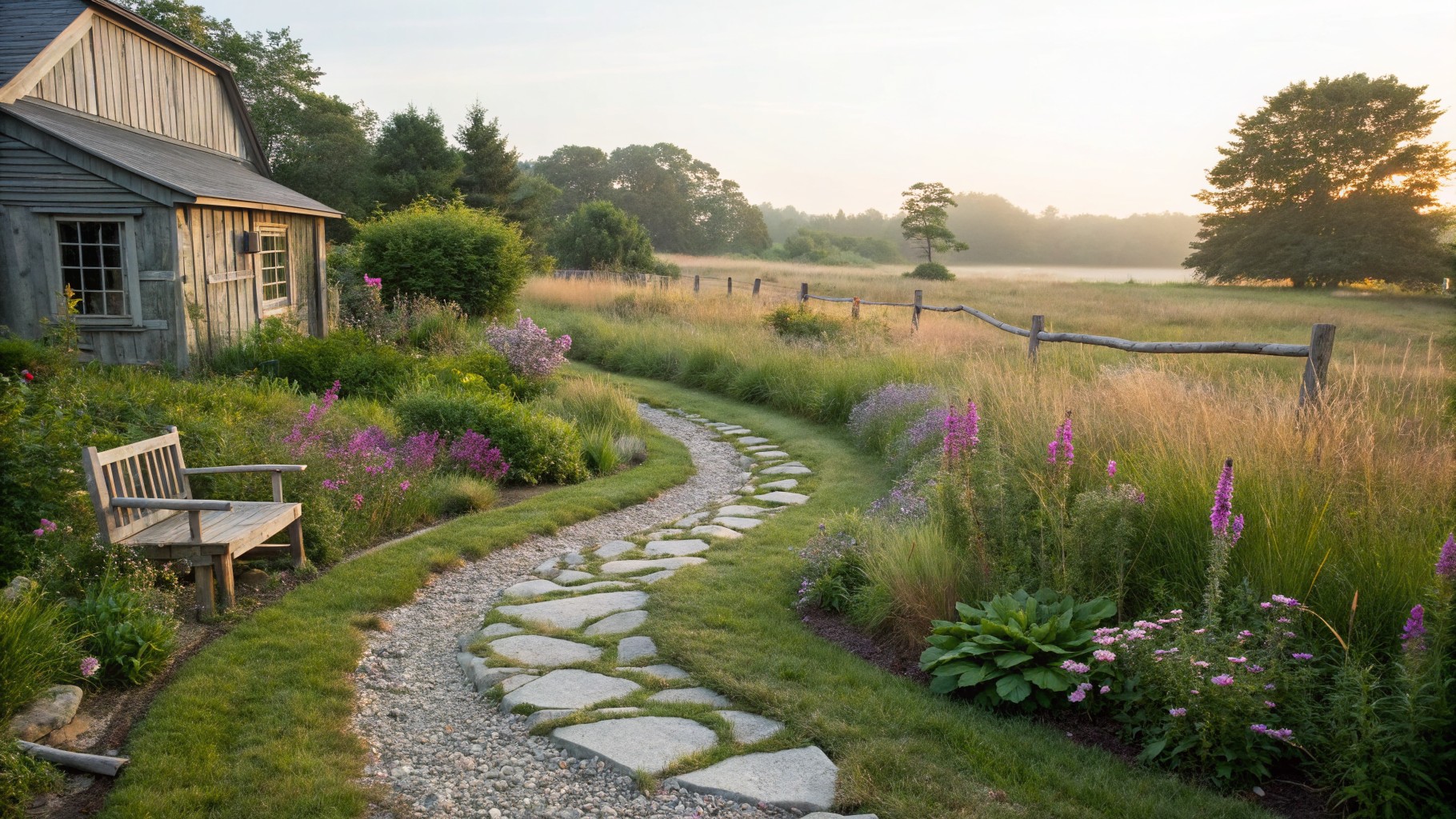 A wooden bench next to a curving flagstone path through a garden bed of grasses, shrubs, and flowers, edged with rocks and gravel beside a wooden fence, with fields and mountains in the background at sunset.