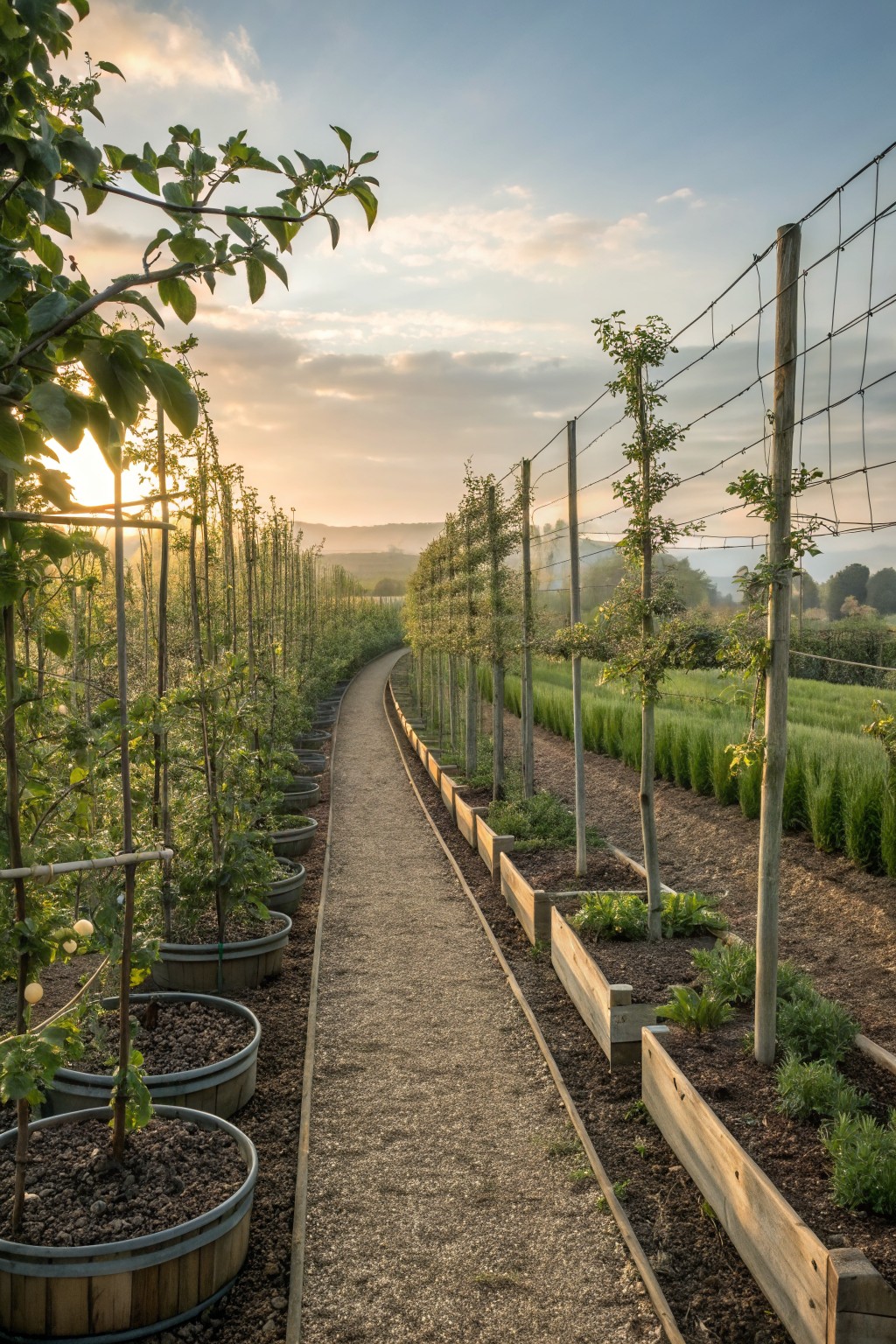 Gravel pathway lined with young apple trees in wooden barrels and espaliered on wire supports along wooden posts, bordered by raised wooden garden beds with plants, in a rural garden at sunset.
