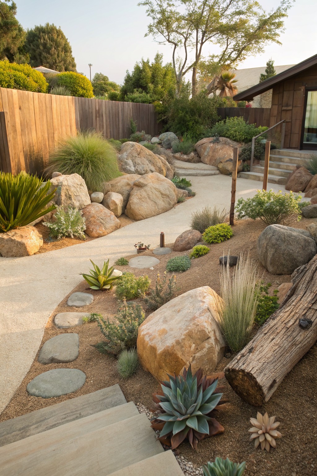 Winding gravel path in a backyard edged with large boulders, succulents, grasses, and a wooden log, leading to steps beside a wooden house exterior.