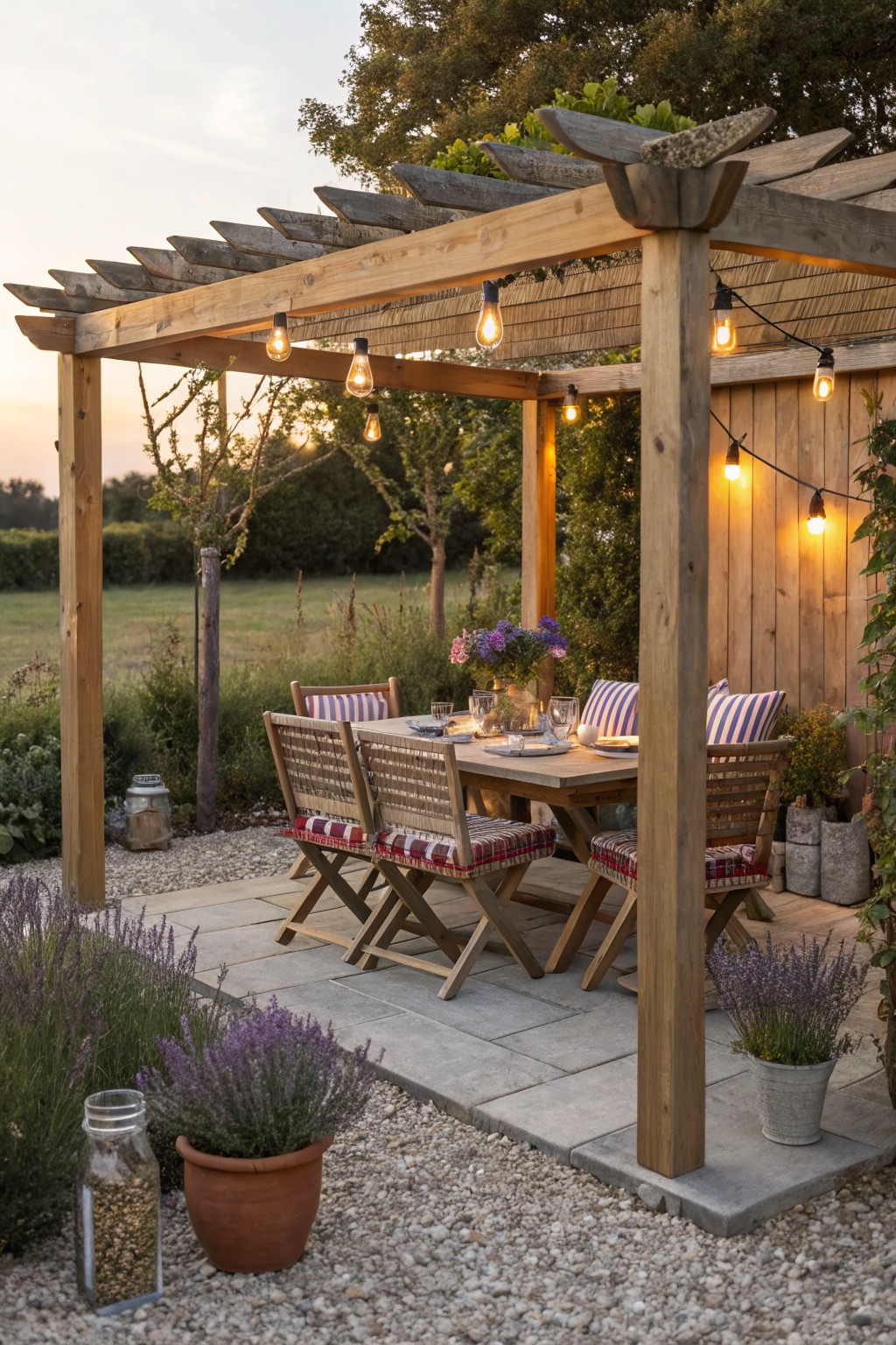 Wooden pergola with slatted roof over a rectangular dining table and six cushioned chairs on a stone patio, surrounded by lavender plants, lanterns, and string lights with exposed bulbs at dusk.