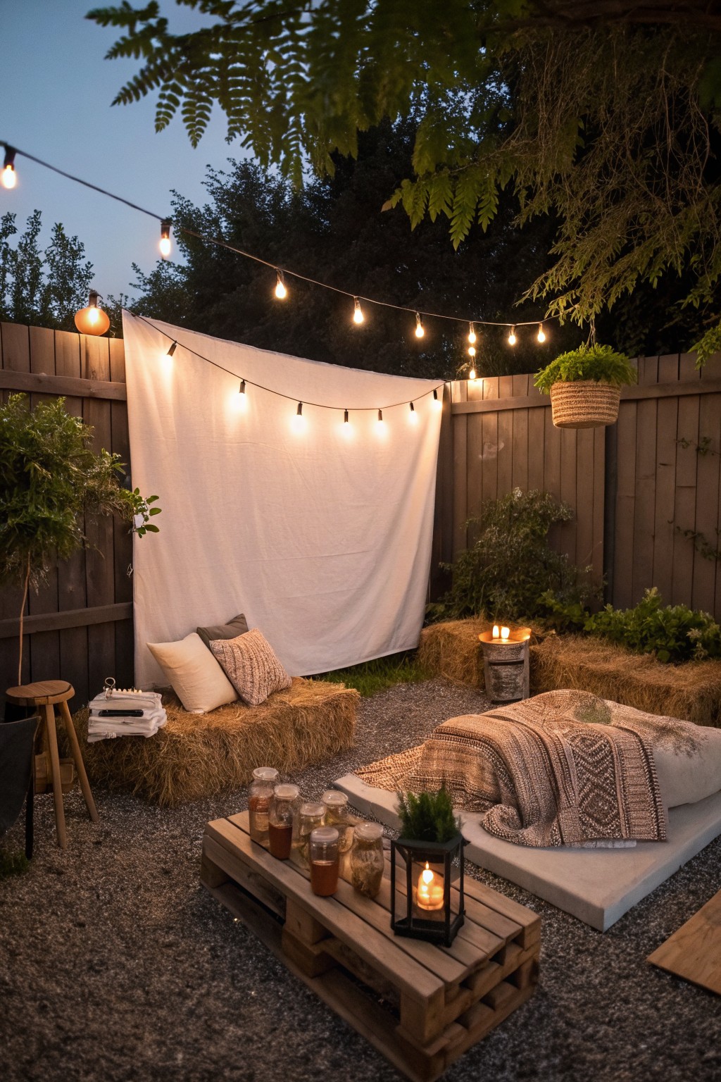Backyard lounge setup with hay bale seats piled with pillows and blankets, wooden pallet table holding glass jars and lanterns, string lights strung above a white fabric backdrop against a wooden fence, surrounded by plants and gravel ground.