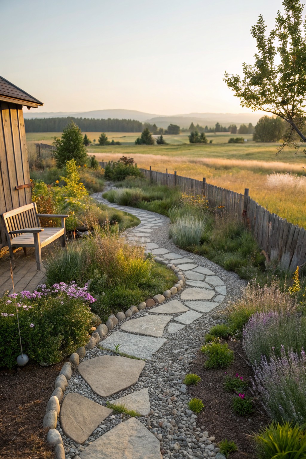A wooden bench next to a curving flagstone path through a garden bed of grasses, shrubs, and flowers, edged with rocks and gravel beside a wooden fence, with fields and mountains in the background at sunset.