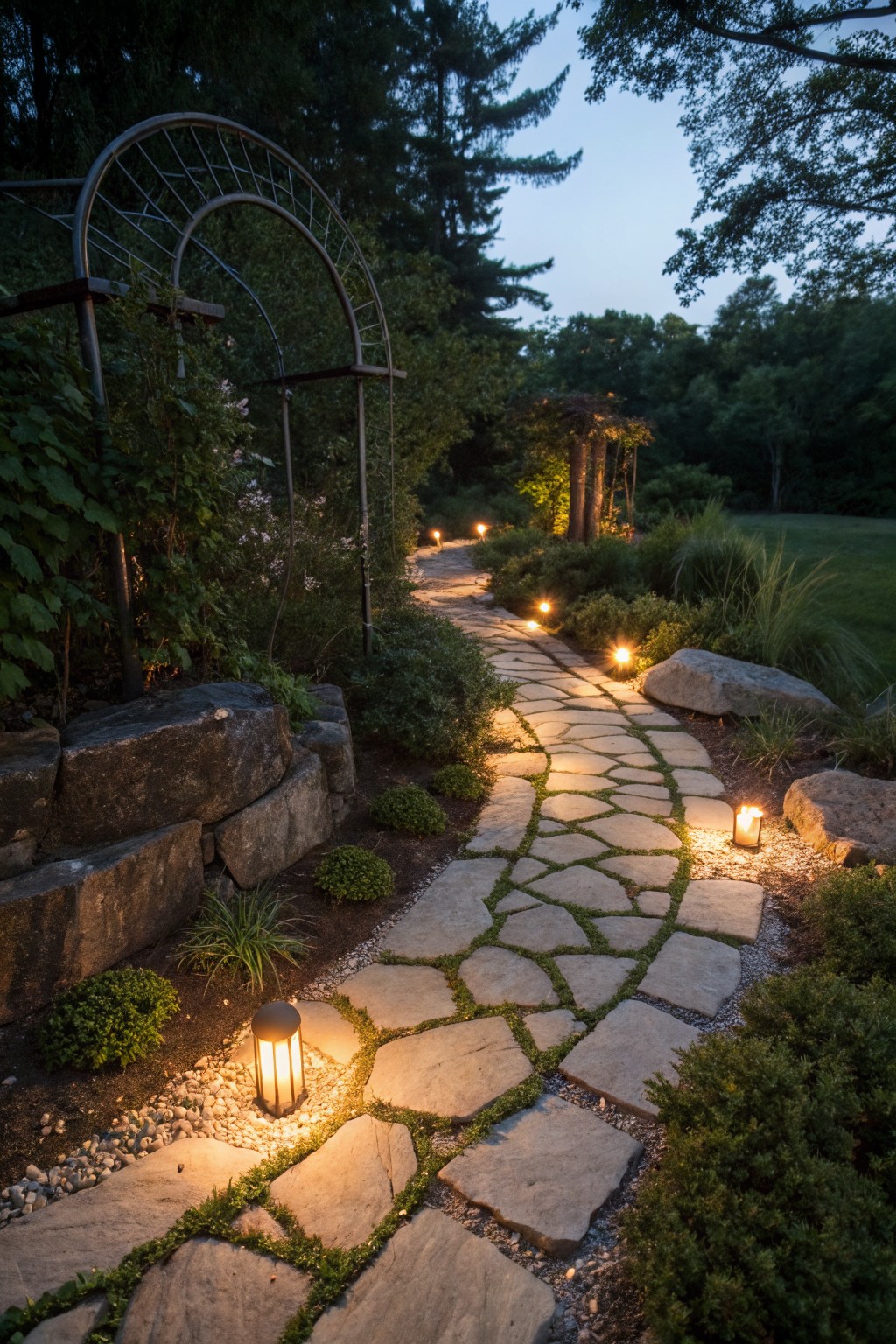 A curving flagstone path winds through a backyard garden at dusk, lit by several cylindrical lanterns and bordered by shrubs, rocks, and plants under trees.