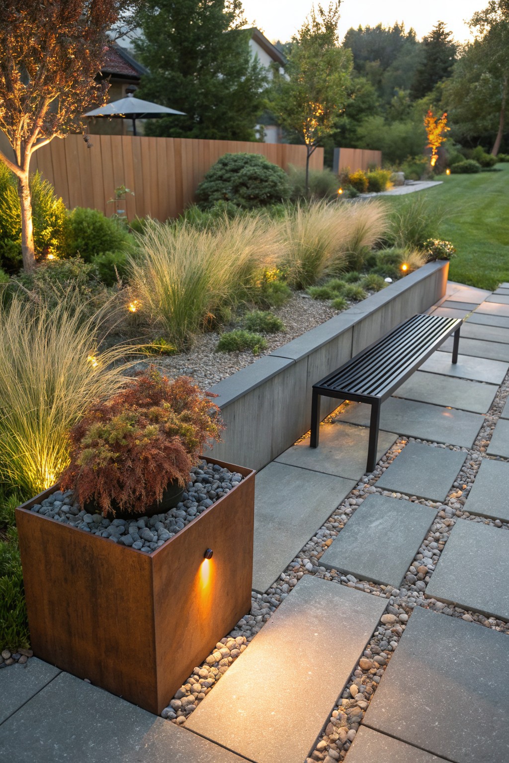 Backyard at dusk with tall ornamental grasses along a concrete retaining wall, black metal bench on gray paver path with gravel joints, corten steel planter, and landscape lighting.