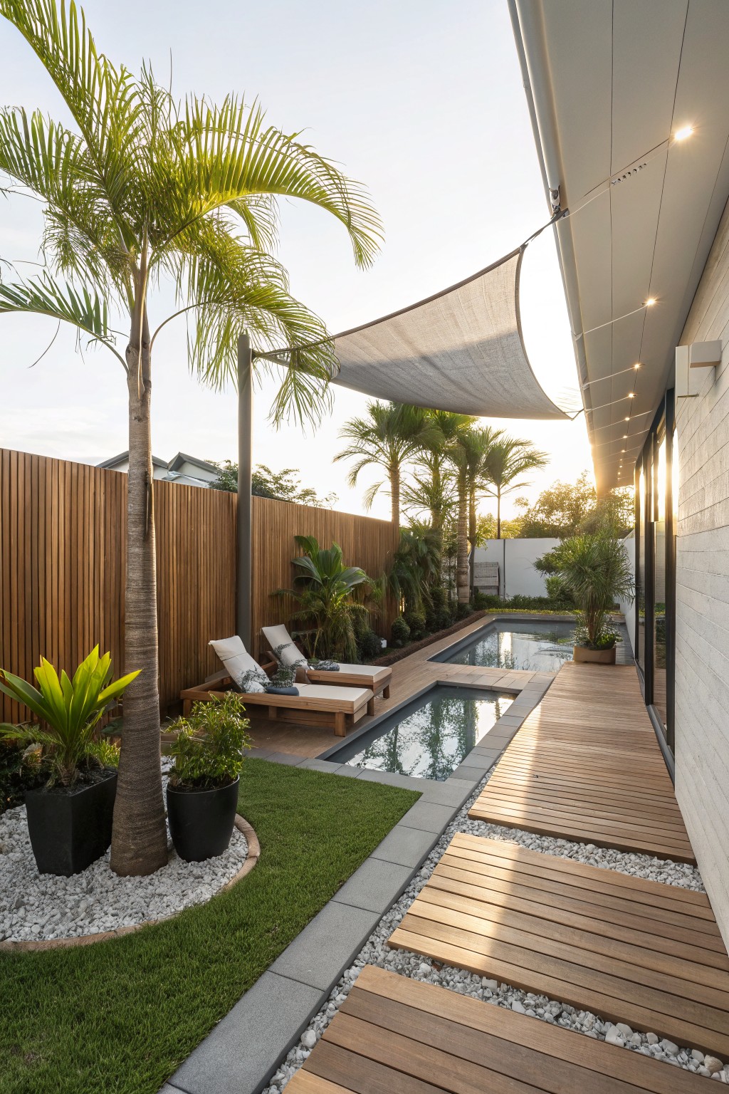 Narrow lap pool in a backyard with wooden sun loungers on an adjacent deck platform, linear wooden deck paths with pebble sections and grass borders, palm trees, plants in pots, wooden slat fence, and a large fabric shade sail overhead next to a white house wall.