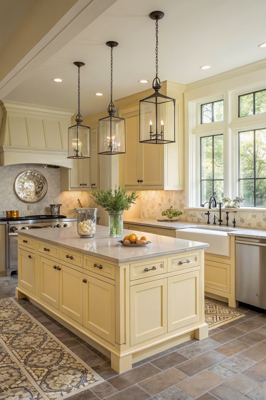 Bright and airy kitchen with yellow cabinetry, modern fixtures, and decorative tile flooring.