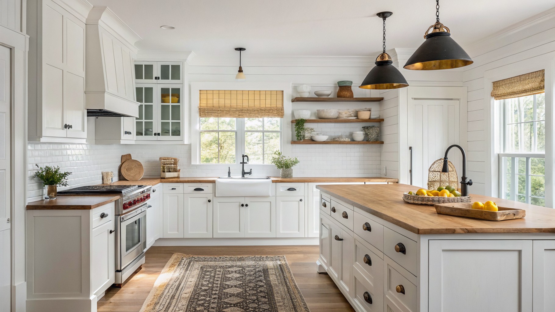 White kitchen cabinets with wood countertops and open shelves.