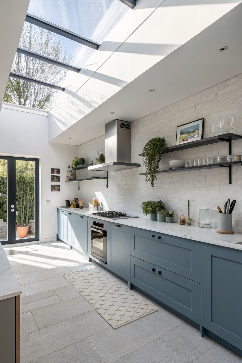 Blue gray cabinets in a kitchen with white countertops and a skylight overhead.