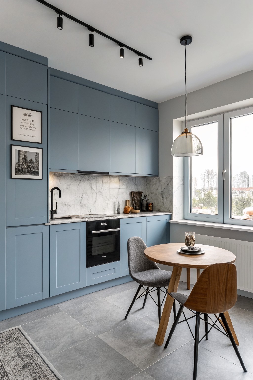 Blue kitchen cabinets in a bright room with a round wooden table nearby.
