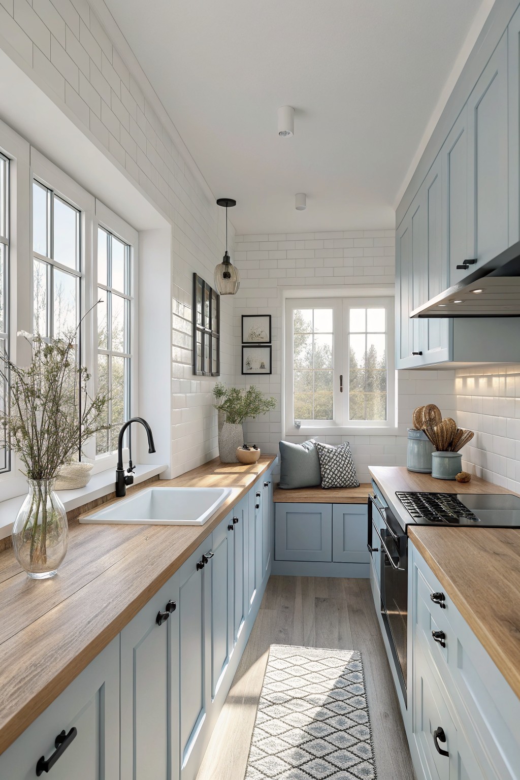 Bright kitchen with light blue cabinets, wooden countertops, sink, and cozy seating nook.