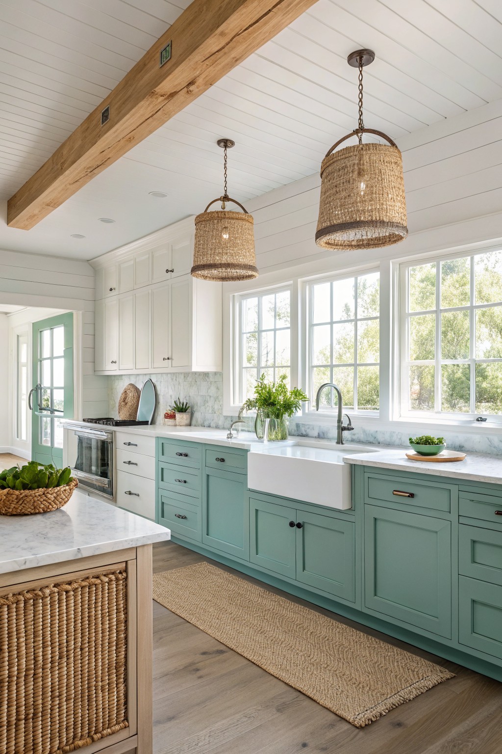 Light green kitchen cabinets with white countertops and a farmhouse sink.