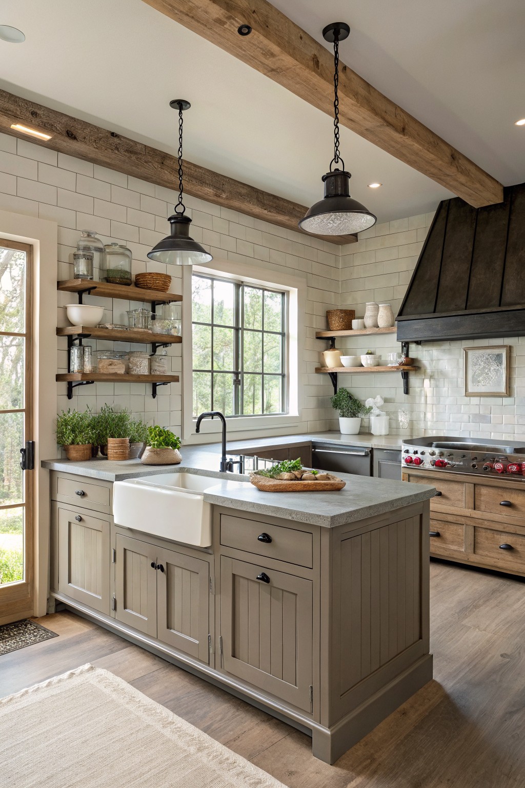 Modern kitchen featuring a farmhouse sink, wooden shelves, and rustic beams.