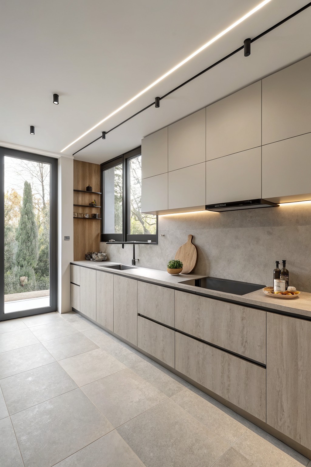 A modern kitchen with soft greige cabinets and a light concrete backsplash.