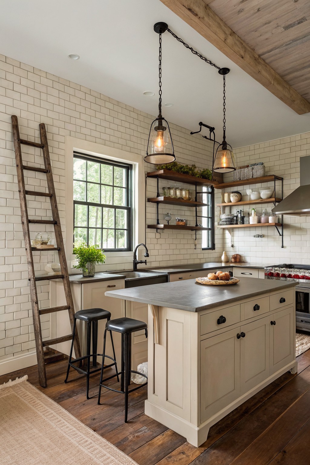 Kitchen cabinets and island finished in a soft warm greige.