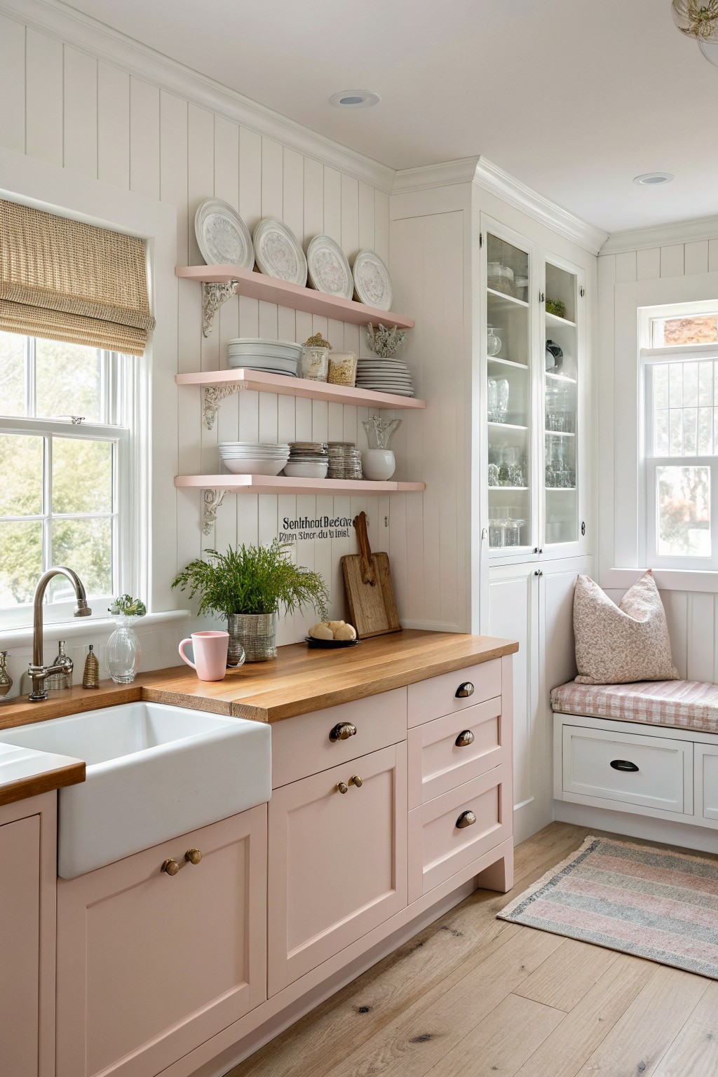 Modern kitchen featuring pale pink cabinets, open shelves, and wooden countertops with a cozy seating area.