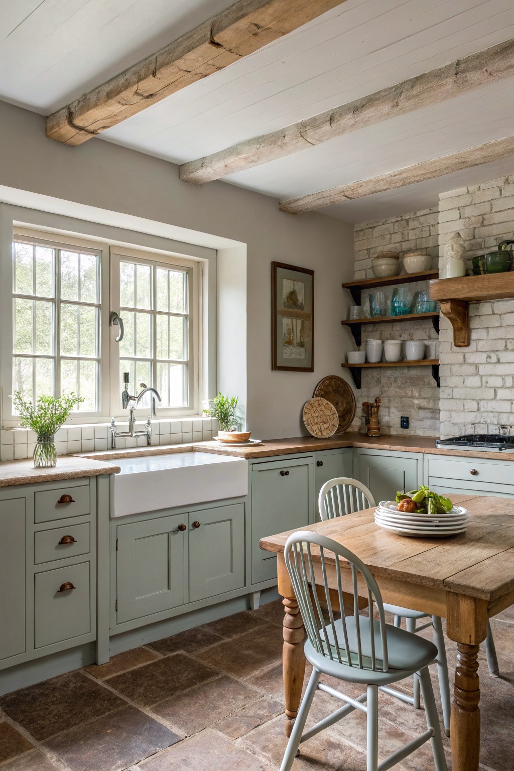 Modern kitchen featuring pale green cabinets, wooden beams, and a rustic table setting.
