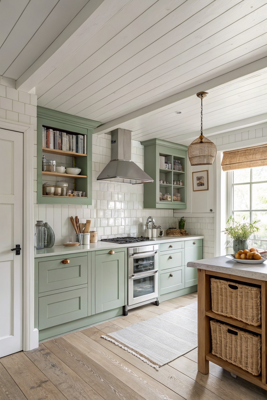 Light sage green kitchen cabinets against a white tile backsplash.