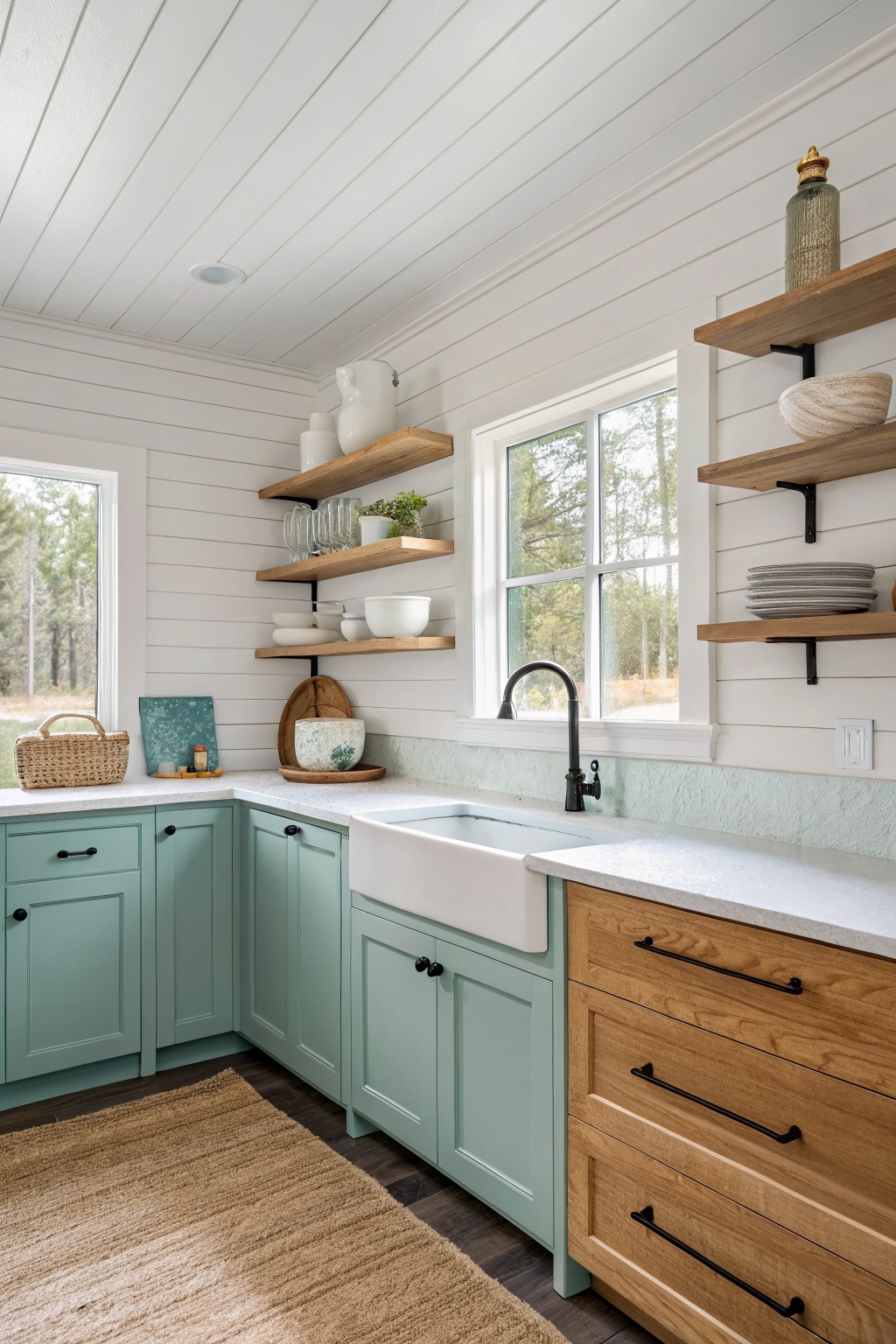 Bright kitchen featuring mint green cabinets, wooden shelves, white countertops, and a farmhouse sink.
