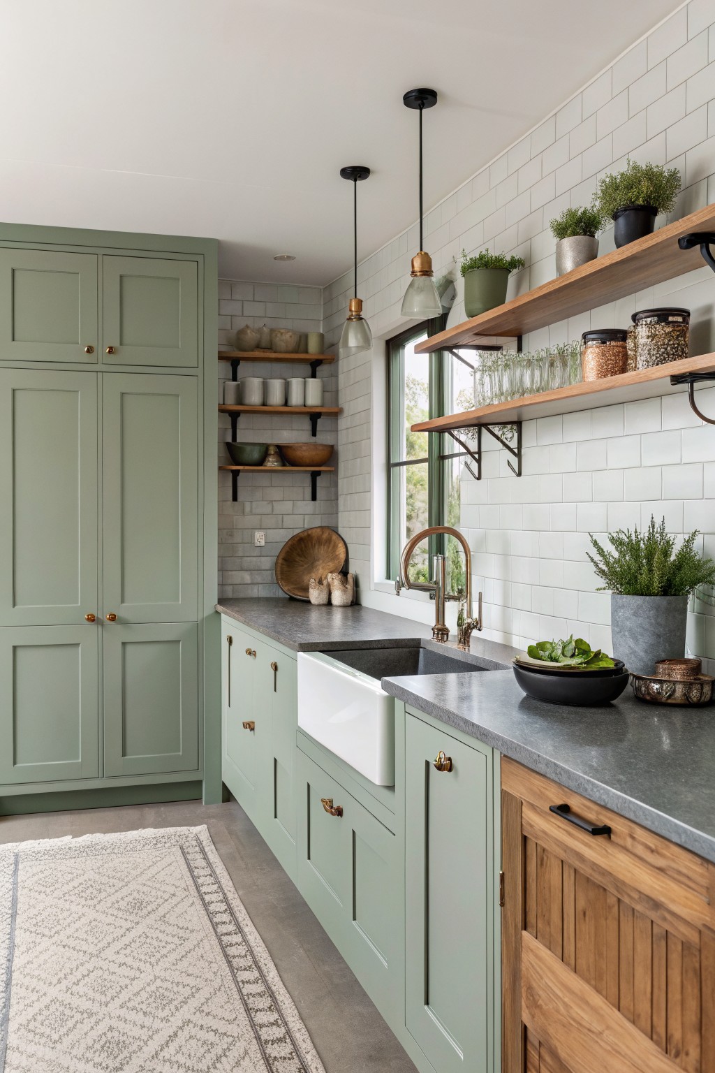 Sage green kitchen cabinets with open wood shelves and a white farmhouse sink.