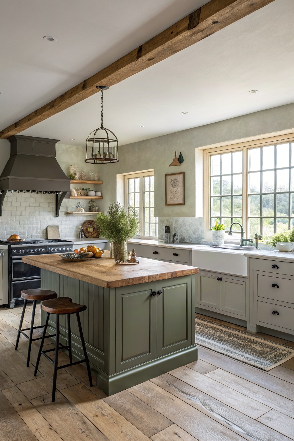 Bright, modern kitchen featuring green cabinetry, wooden island, and rustic decor accents.
