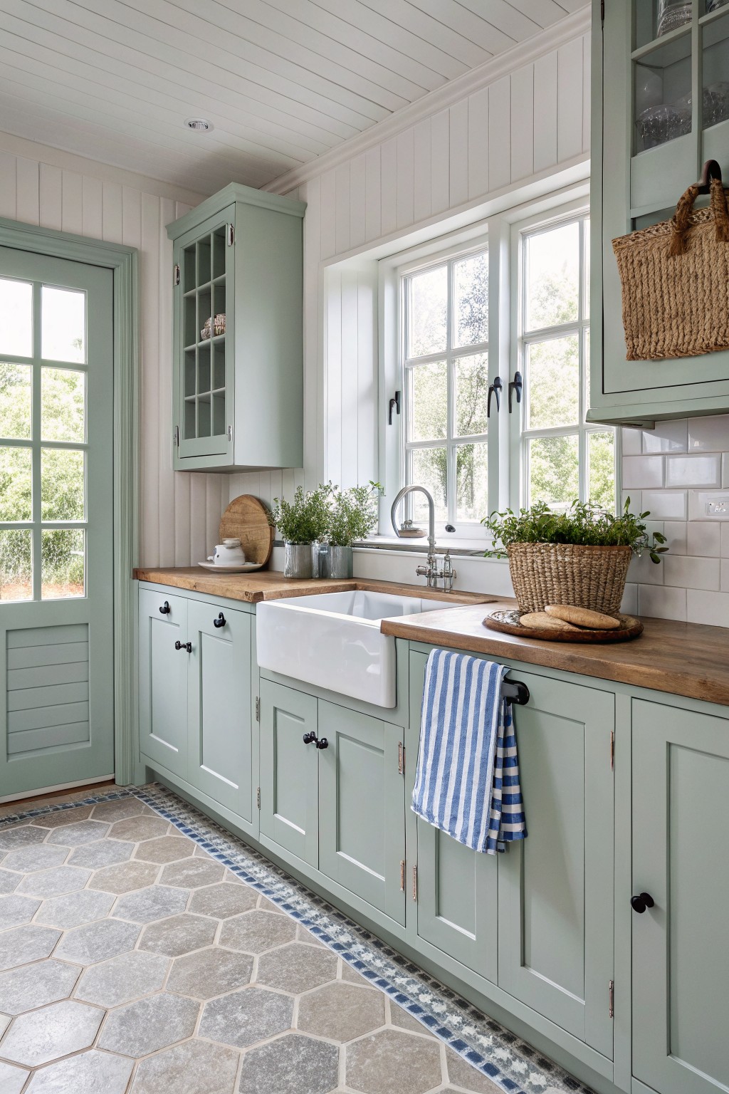 Kitchen cabinets painted in a soft sage green.