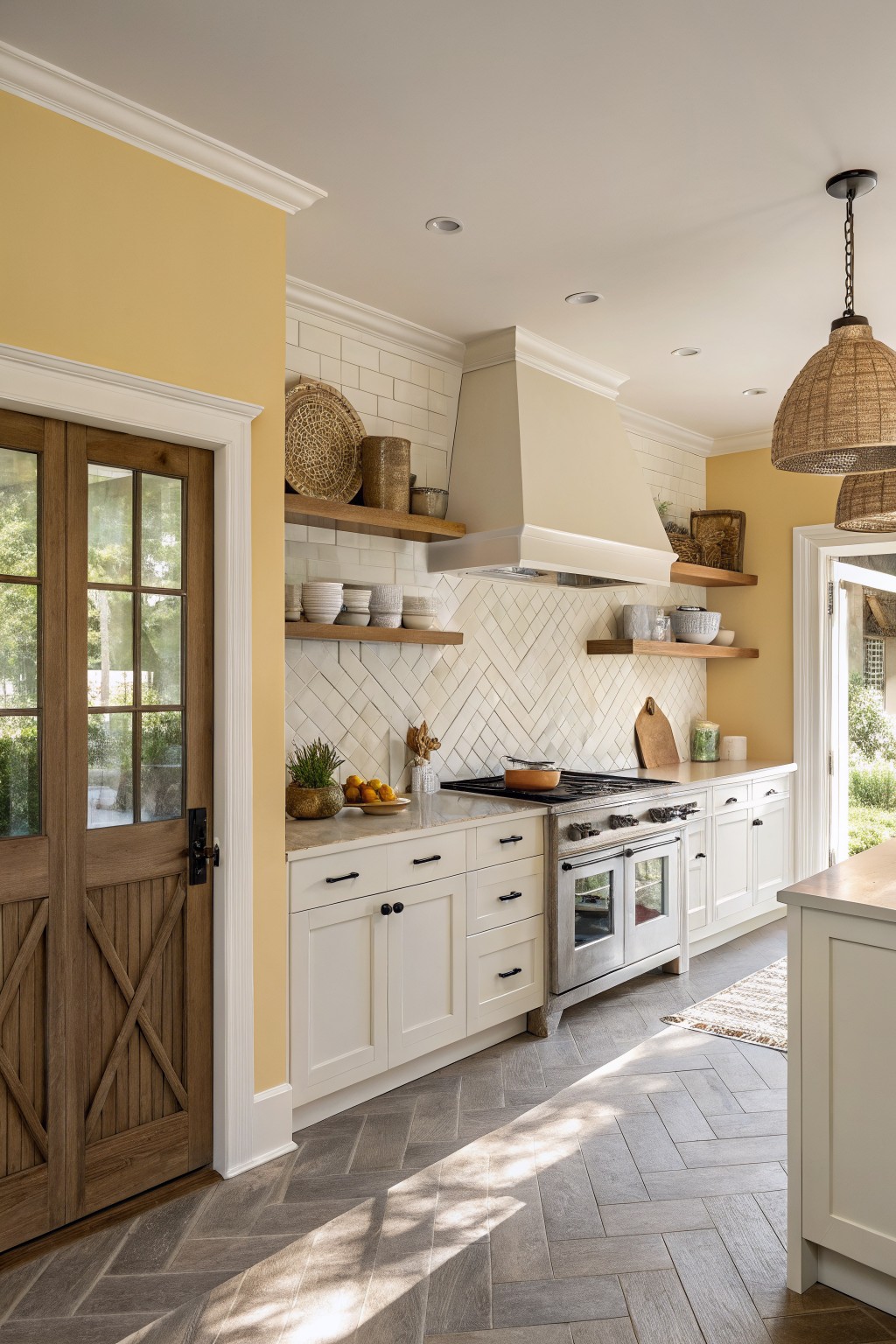 A bright kitchen featuring white cabinets, herringbone flooring, and wooden accents.
