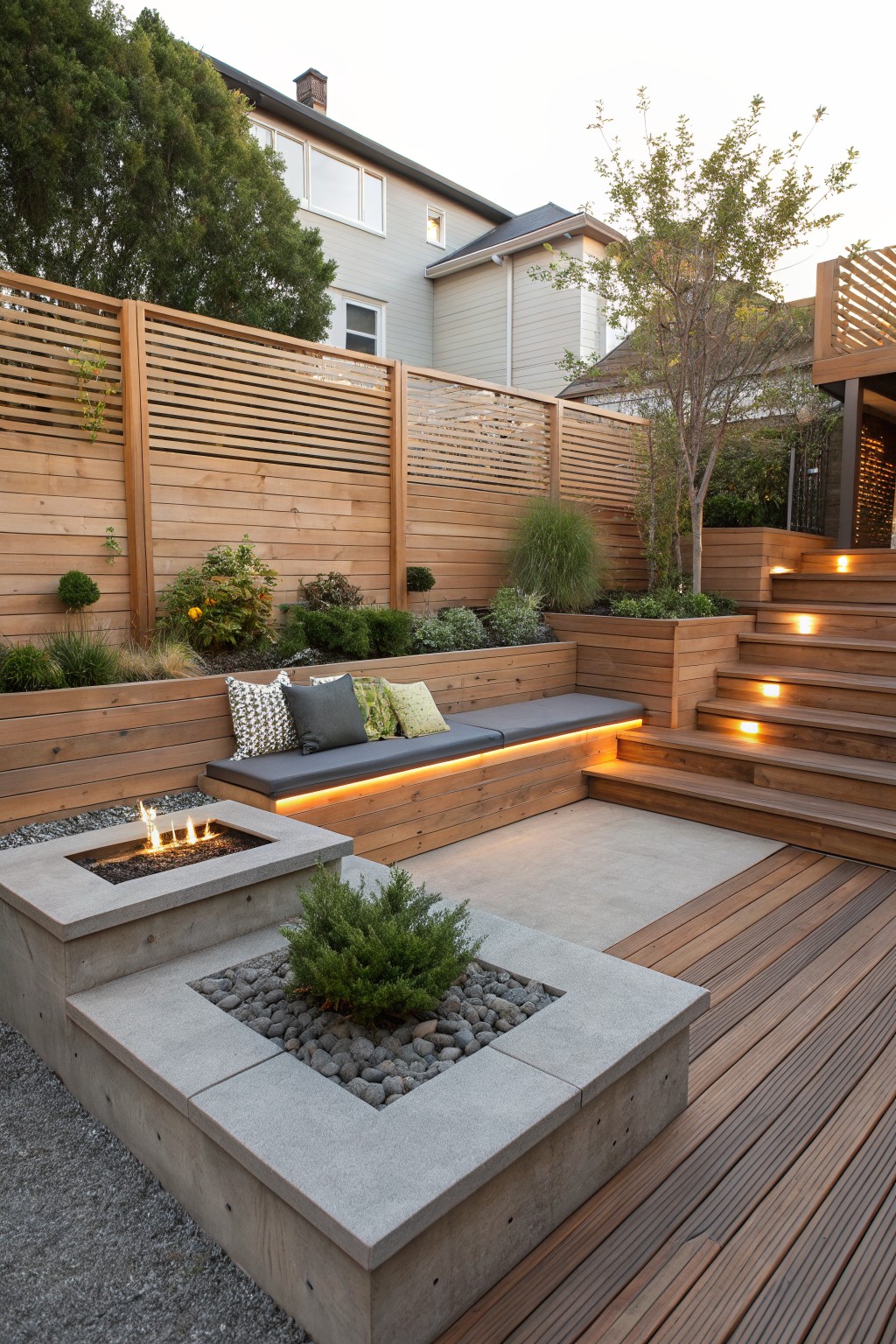 Modern terraced backyard featuring wooden raised planters, steps with LED lights, built-in bench seating around a concrete linear fire pit, gravel ground cover, and surrounding trees and fences.