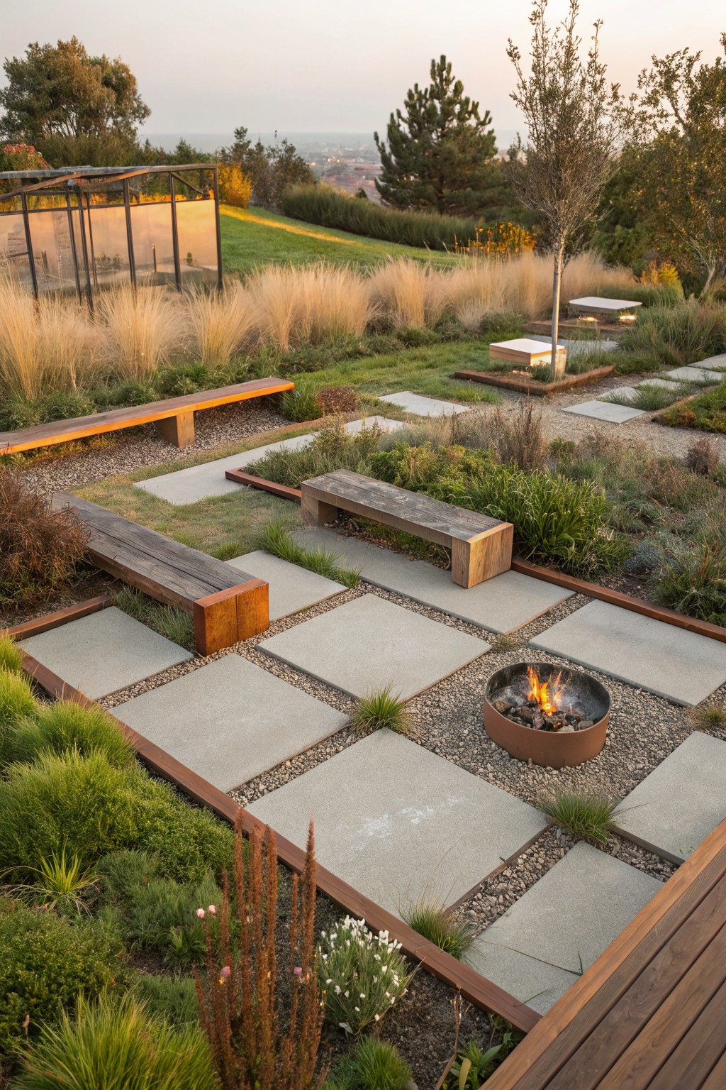 Modern backyard landscape with large gray concrete pavers arranged in a grid pattern around a central metal fire pit, wooden benches, gravel joints, and surrounding ornamental grasses and shrubs on a hillside.