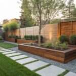 Backyard path of large rectangular gray concrete pavers spaced apart in a strip of lawn and gravel, bordered by wooden planters, raised beds with plants, and a modern house with cedar fence and uplights in the background.