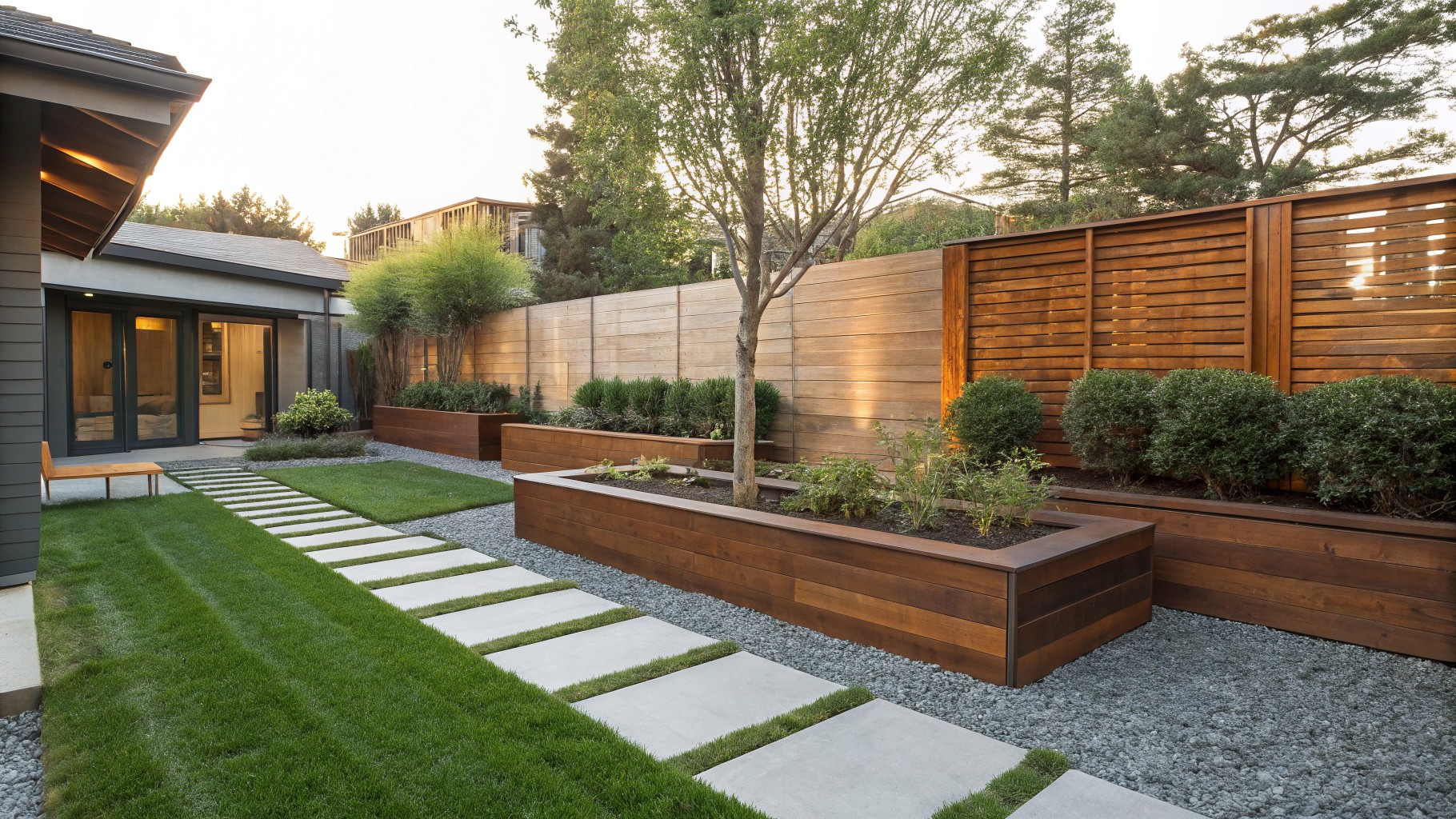 Backyard path of large rectangular gray concrete pavers spaced apart in a strip of lawn and gravel, bordered by wooden planters, raised beds with plants, and a modern house with cedar fence and uplights in the background.