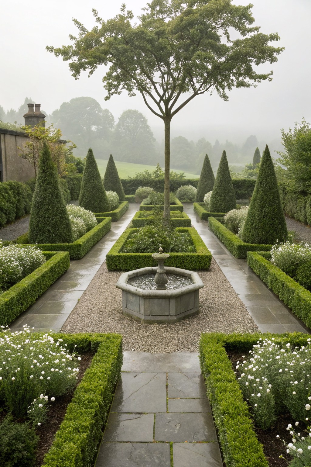 Symmetrical formal garden with clipped boxwood hedges forming parterres around a central octagonal stone fountain, gravel paths, and tall conifer topiaries under a misty sky.
