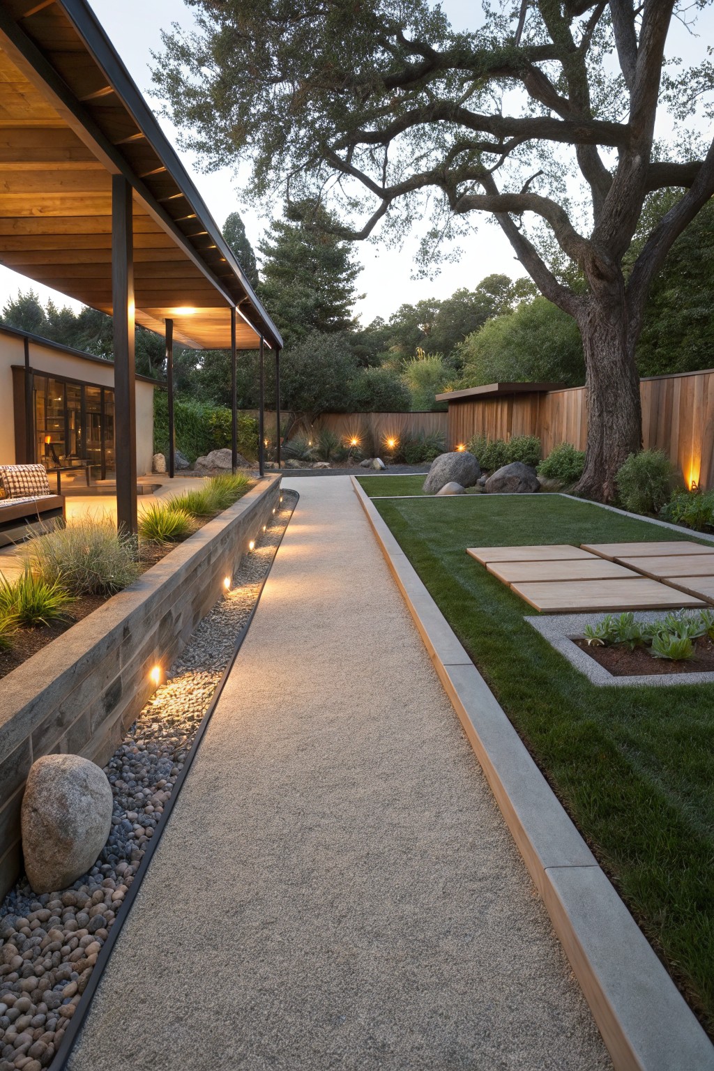 A straight gravel pathway in a backyard, bordered by a stone retaining wall with embedded low lights, pebbles, grasses, boulders, and adjacent grass lawn with wooden pavers near a house and fence.