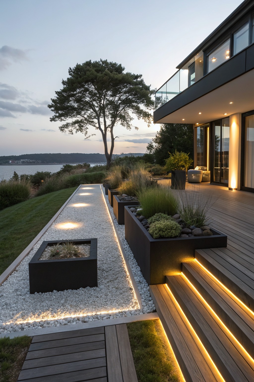 Modern backyard featuring a straight gravel pathway with embedded LED edge lighting, flanked by black rectangular planters with ornamental grasses, leading to wooden deck stairs and a contemporary house overlooking a body of water at dusk.
