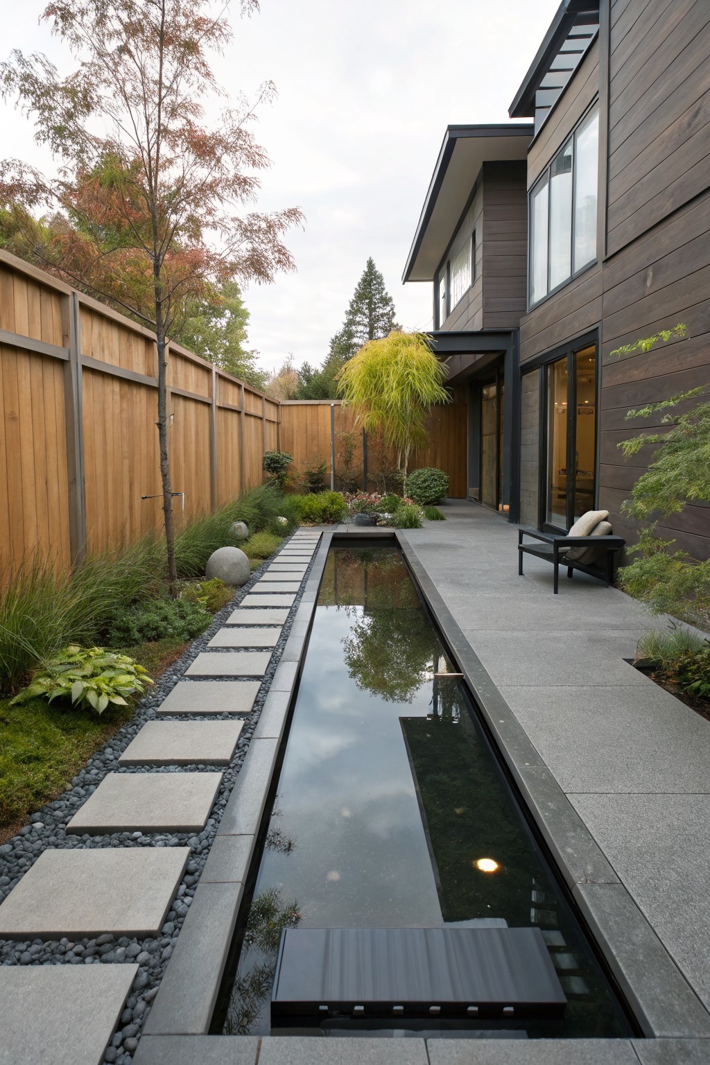 Narrow rectangular reflecting pool in a side yard with gray stepping stones across it, black gravel borders, low green plants, spherical boulders, wooden fence, and modern house with dark wood cladding in the background.