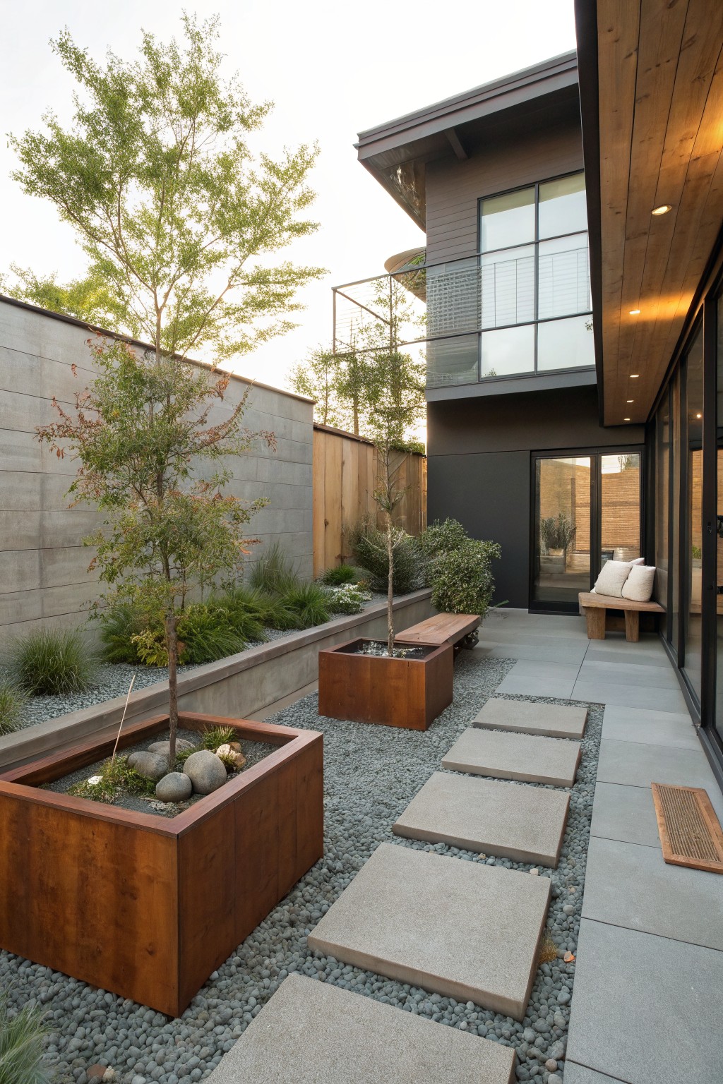 Backyard with two large rectangular corten steel planters containing small trees, rocks, and plants, gravel ground cover, square concrete stepping stones, low shrubs, a wooden bench, and adjacent modern house wall with glass doors.