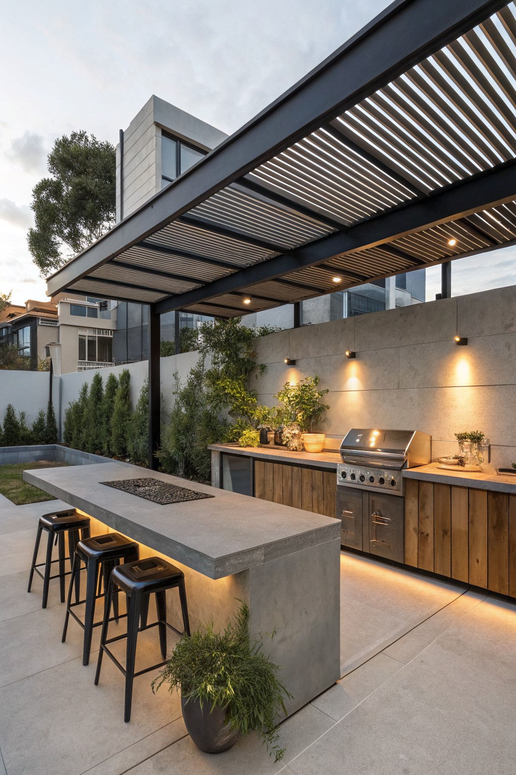 Modern backyard outdoor kitchen with long concrete bar island featuring built-in cooktop, wood cabinets, stainless steel grill, black stools, under black slatted metal pergola, surrounded by concrete pavers, greenery, and white boundary wall.