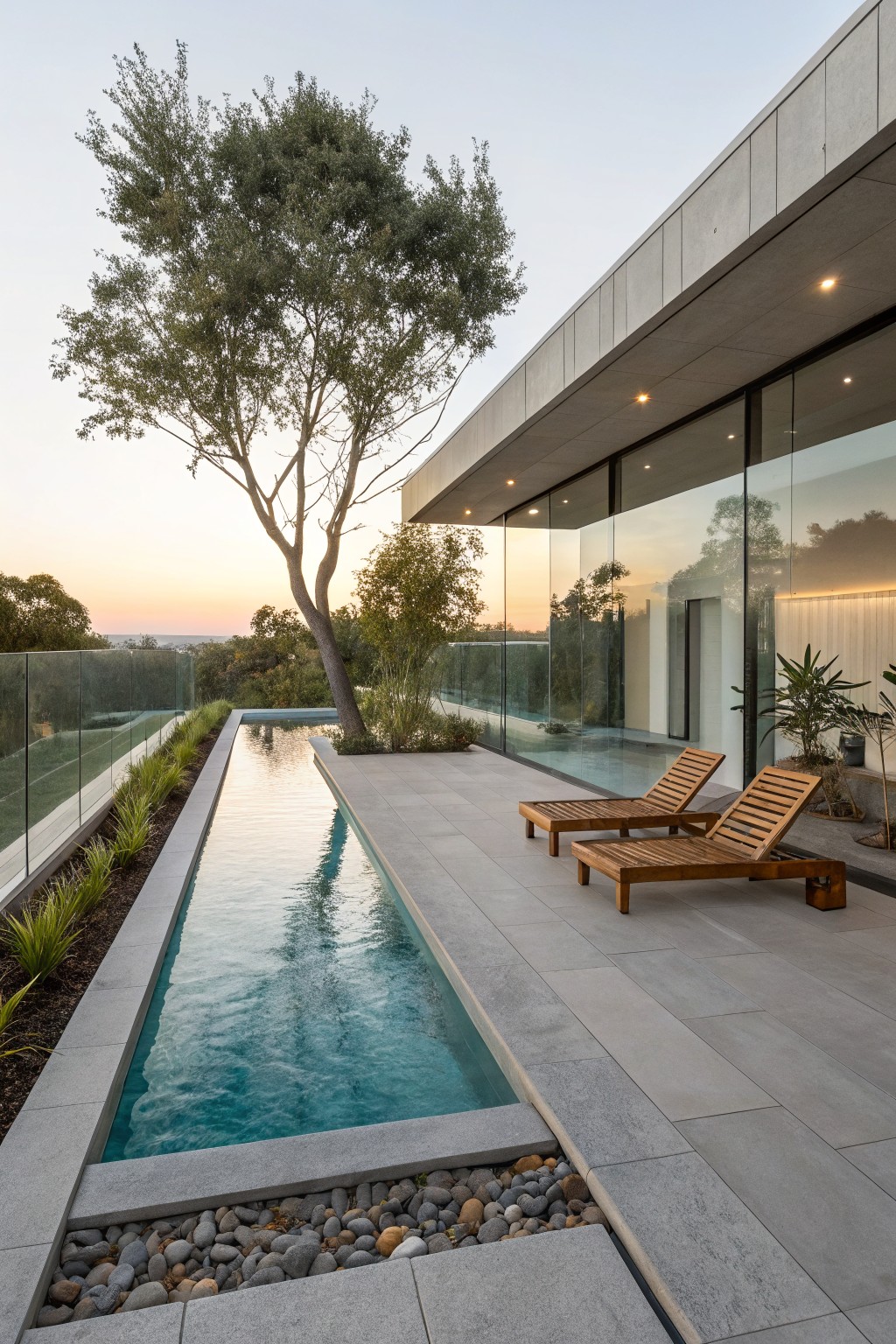 Modern concrete terrace with narrow turquoise lap pool edged by plants and pebbles, two wooden chaise lounges, glass balustrade, adjacent to glass-walled house, trees, and hillside view at sunset.