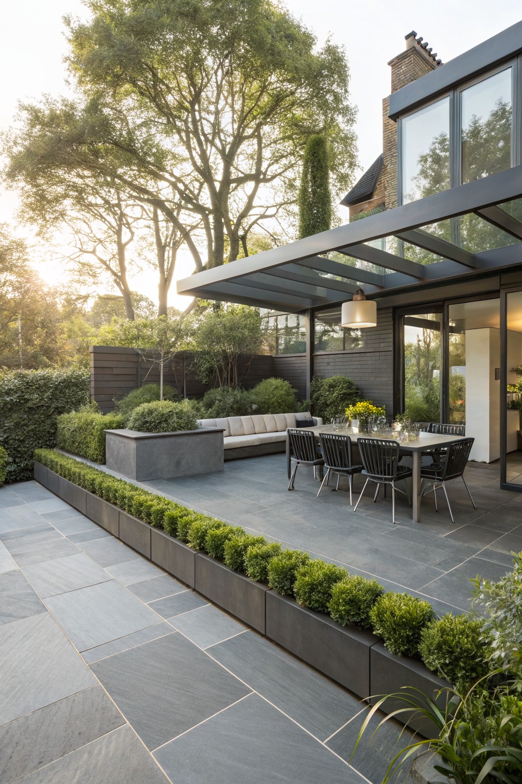 Modern backyard patio with grey slate pavers, black metal dining table and chairs, beige lounge sofa, bordered by boxwood hedges in raised black rectangular planters, under a glass-roofed metal canopy extending from a house with large glass doors and brick walls.