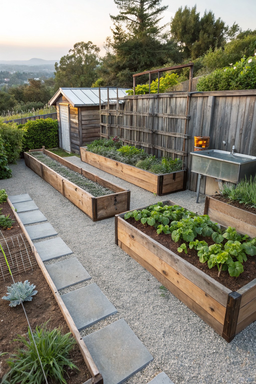 Backyard garden featuring several rectangular wooden raised beds with plants like vegetables and herbs, gravel paths, stone pavers, a metal sink, wooden shed, and wire fence on a hillside.