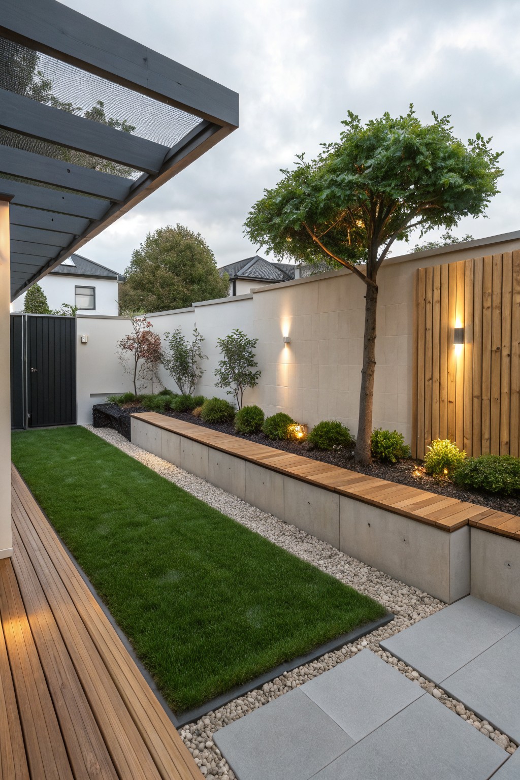 Modern backyard with green lawn bordered by raised concrete planters topped with wooden benches, pebble and paver path, wood decking area, boundary fence with plants and lighting, and a small tree.