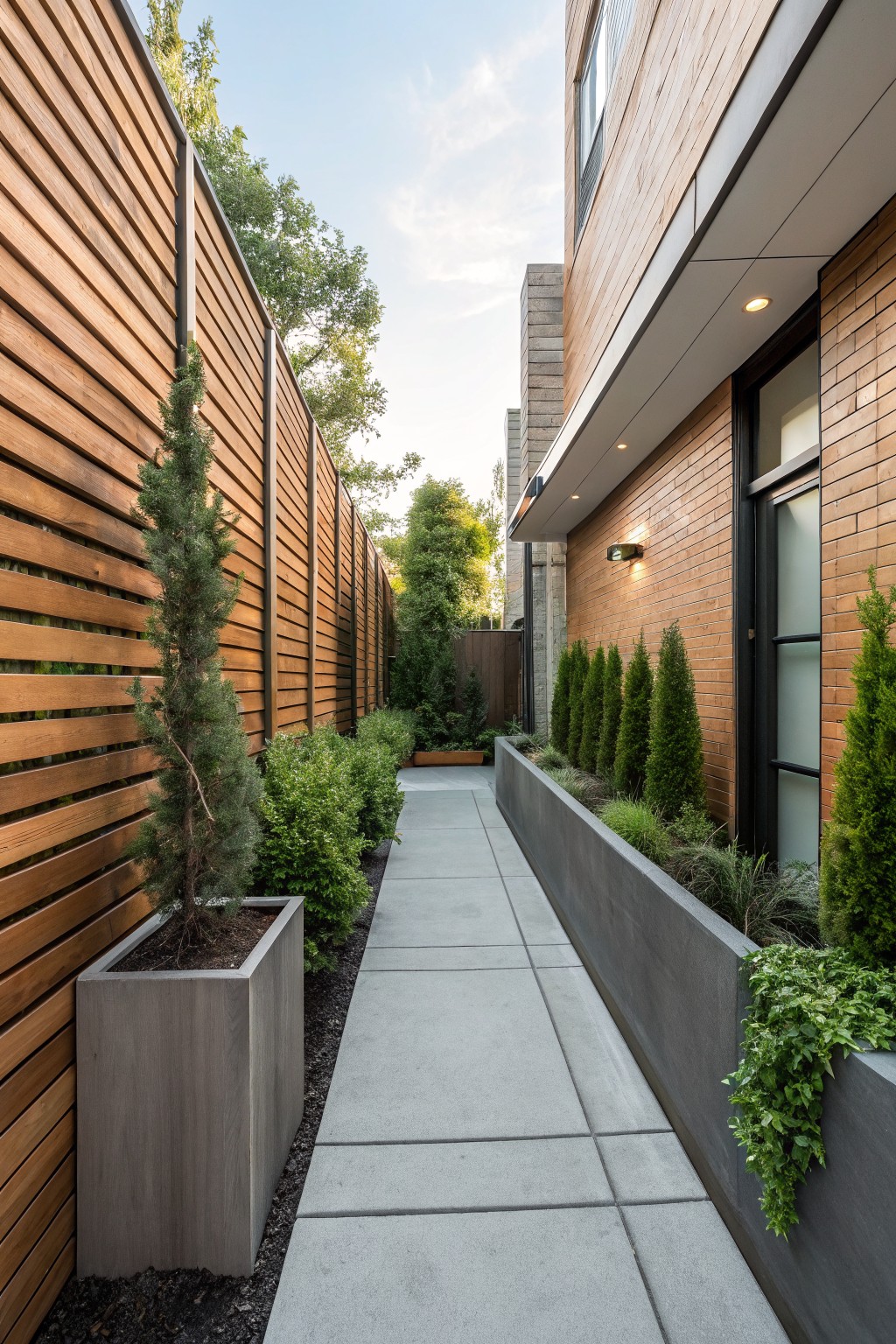 Narrow concrete pathway alongside a modern brick and wood house wall, bordered by tall horizontal slat wooden fence on one side and raised concrete planters with conifers, grasses, and shrubs on the other.