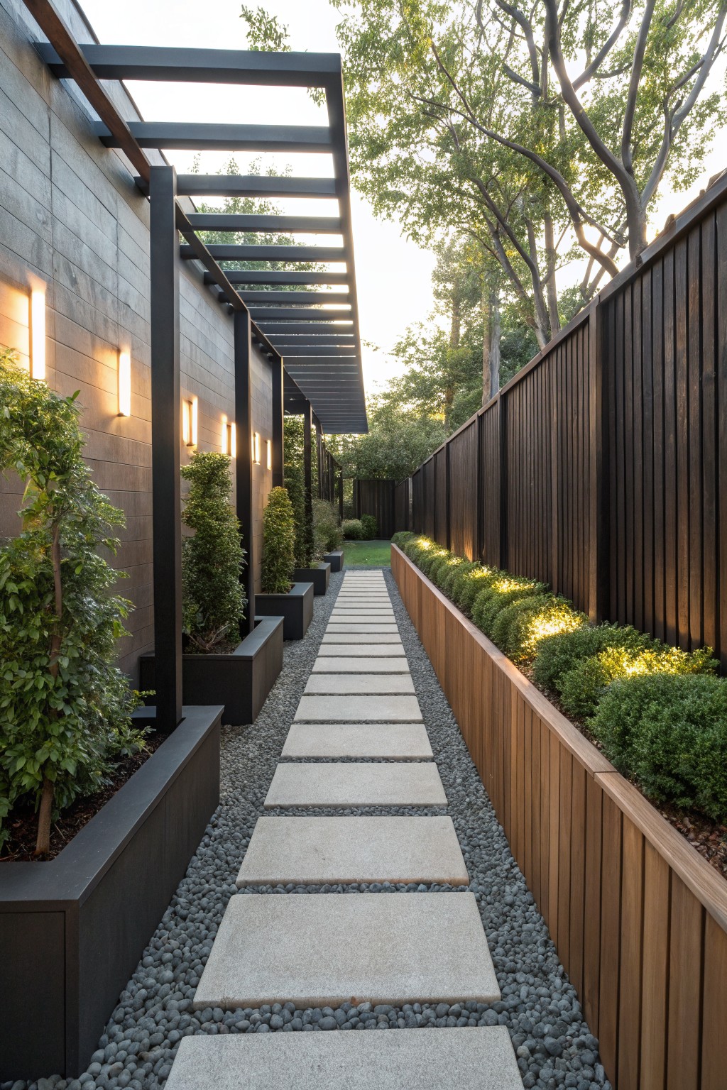Narrow outdoor pathway of large square gray concrete stepping stones set into gray gravel, bordered by a wooden raised planter bed with boxwood shrubs on one side and black metal planters with tall narrow plants against a gray stucco wall on the other, with wall-mounted lights, black metal pergola overhead, and dark wooden fence beyond.